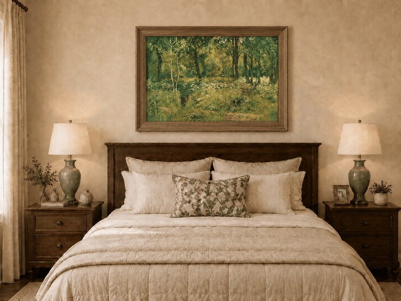Framed hand-painted sunlit forest clearing oil painting with tall trees and golden undergrowth displayed above a wooden bed in a neutral bedroom.