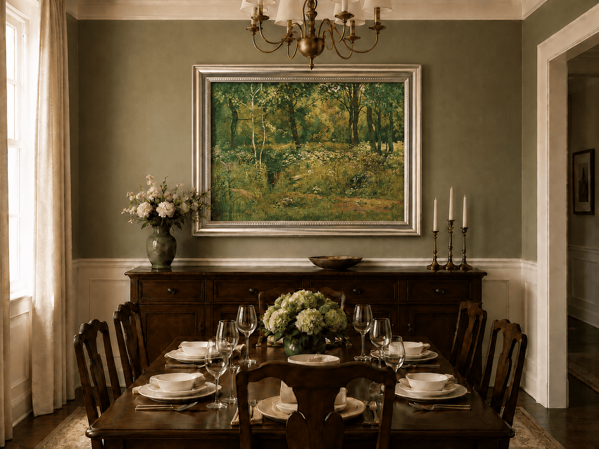 Framed hand-painted sunlit forest clearing oil painting with tall trees and golden undergrowth displayed above a formal dining table.