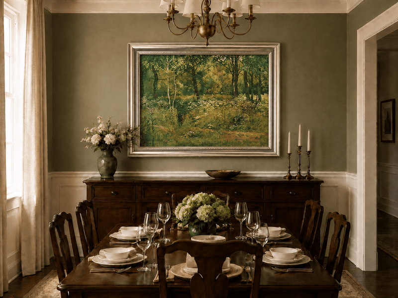 Framed hand-painted sunlit forest clearing oil painting with tall trees and golden undergrowth displayed above a formal dining table.