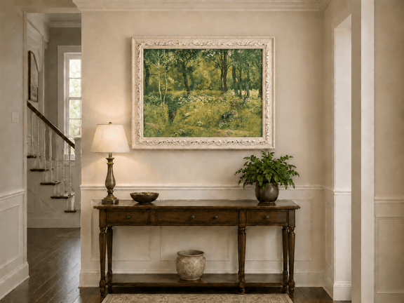 Framed hand-painted sunlit forest clearing oil painting with tall trees and golden undergrowth displayed above an entryway console table.