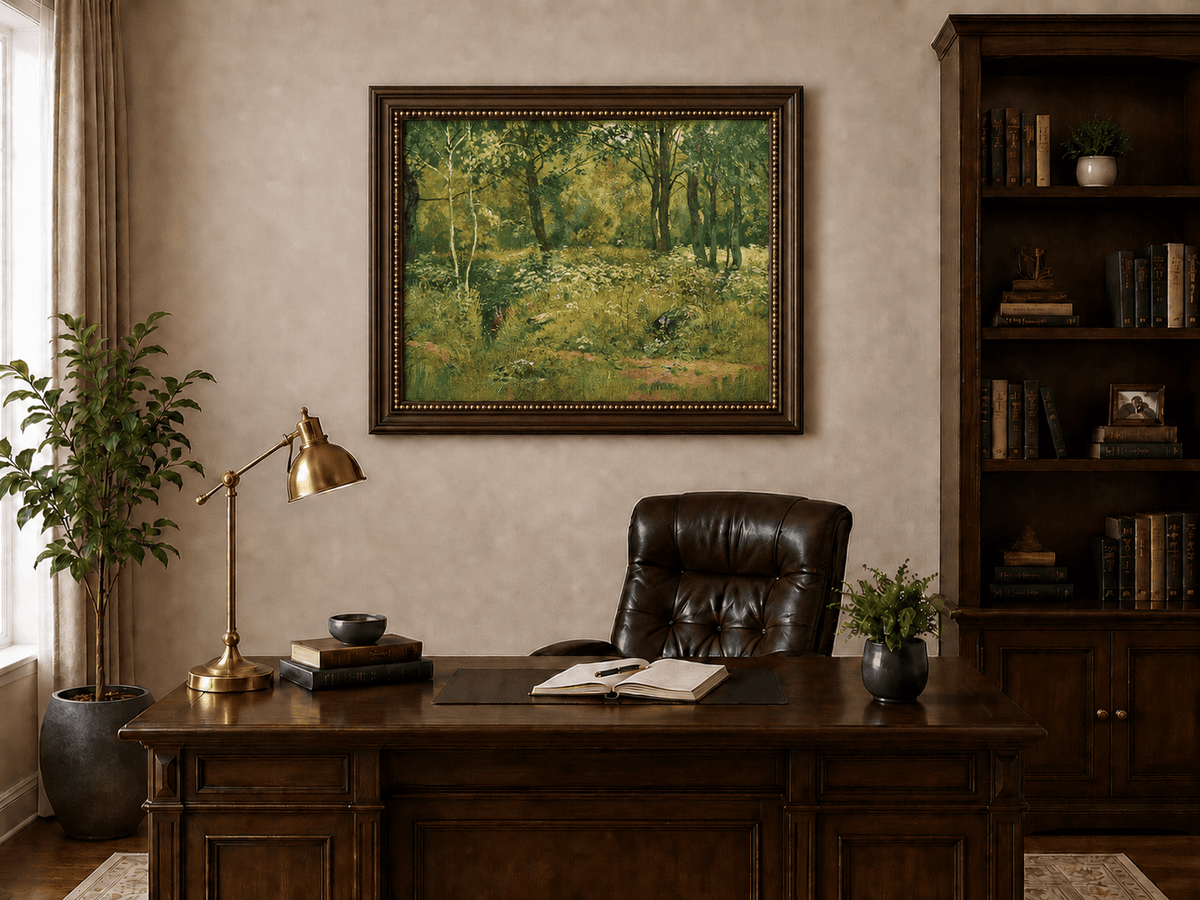 Framed hand-painted sunlit forest clearing oil painting with tall trees and golden undergrowth displayed above a traditional home office desk.