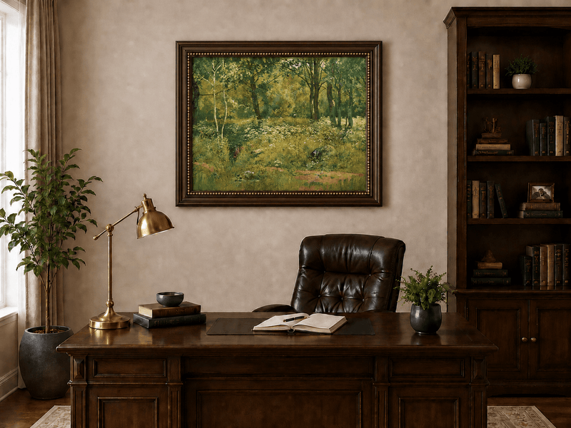Framed hand-painted sunlit forest clearing oil painting with tall trees and golden undergrowth displayed above a traditional home office desk.