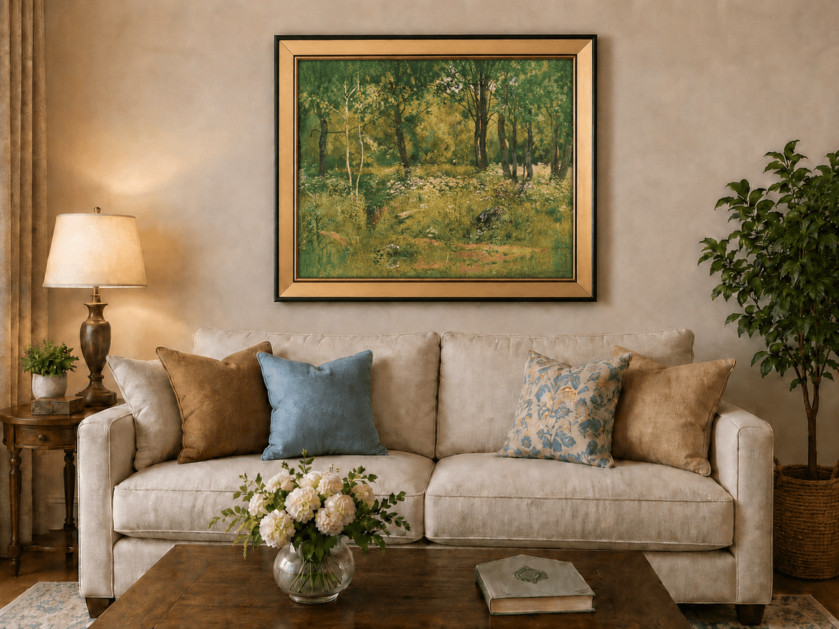 Framed hand-painted sunlit forest clearing oil painting with tall trees and golden undergrowth displayed above a neutral living room sofa.