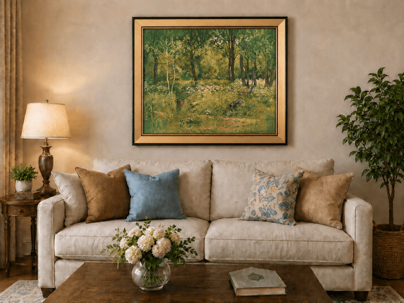 Framed hand-painted sunlit forest clearing oil painting with tall trees and golden undergrowth displayed above a neutral living room sofa.