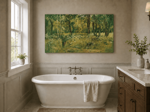 Unframed hand-painted sunlit forest clearing oil painting with tall trees and golden undergrowth displayed above a freestanding bathtub.