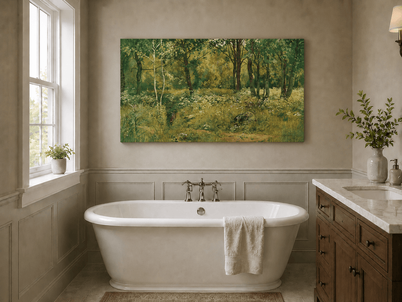 Unframed hand-painted sunlit forest clearing oil painting with tall trees and golden undergrowth displayed above a freestanding bathtub.