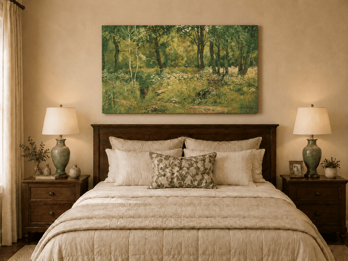 Unframed hand-painted sunlit forest clearing oil painting with tall trees and golden undergrowth displayed above a wooden bed in a neutral bedroom.