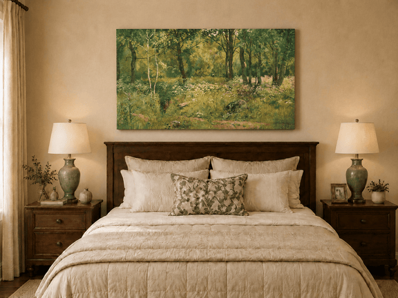 Unframed hand-painted sunlit forest clearing oil painting with tall trees and golden undergrowth displayed above a wooden bed in a neutral bedroom.