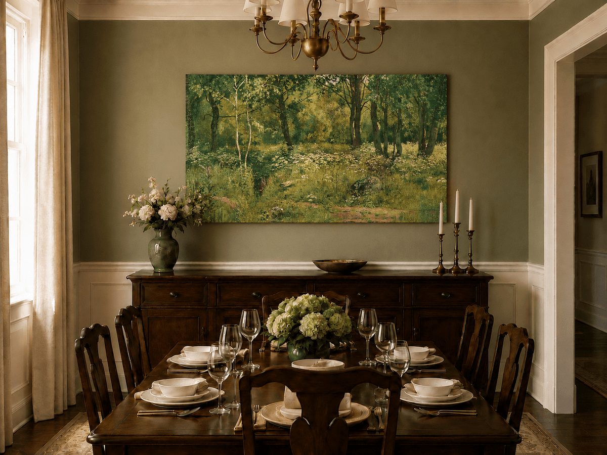 Unframed hand-painted sunlit forest clearing oil painting with tall trees and golden undergrowth displayed above a formal dining table.