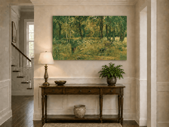 Unframed hand-painted sunlit forest clearing oil painting with tall trees and golden undergrowth displayed above an entryway console table.