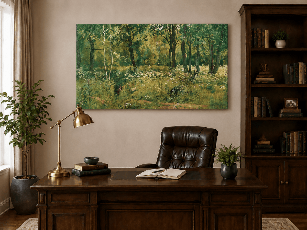 Unframed hand-painted sunlit forest clearing oil painting with tall trees and golden undergrowth displayed above a traditional home office desk.