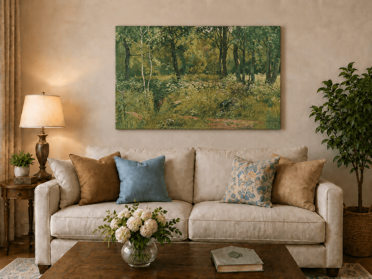 Unframed hand-painted sunlit forest clearing oil painting with tall trees and golden undergrowth displayed above a neutral living room sofa.