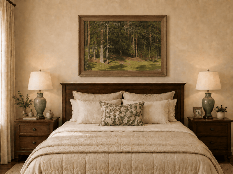 Framed hand-painted sunlit forest glade oil painting with a peaceful woodland clearing displayed above a wooden bed in a neutral bedroom.