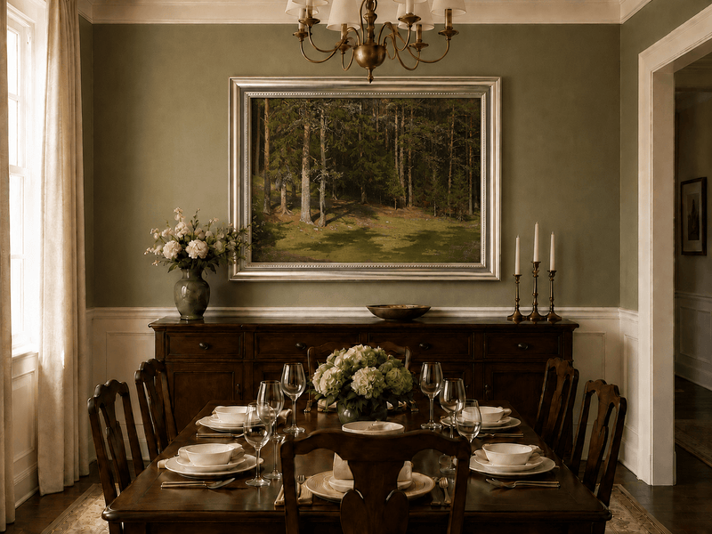Framed hand-painted sunlit forest glade oil painting with a peaceful woodland clearing displayed above a formal dining table.