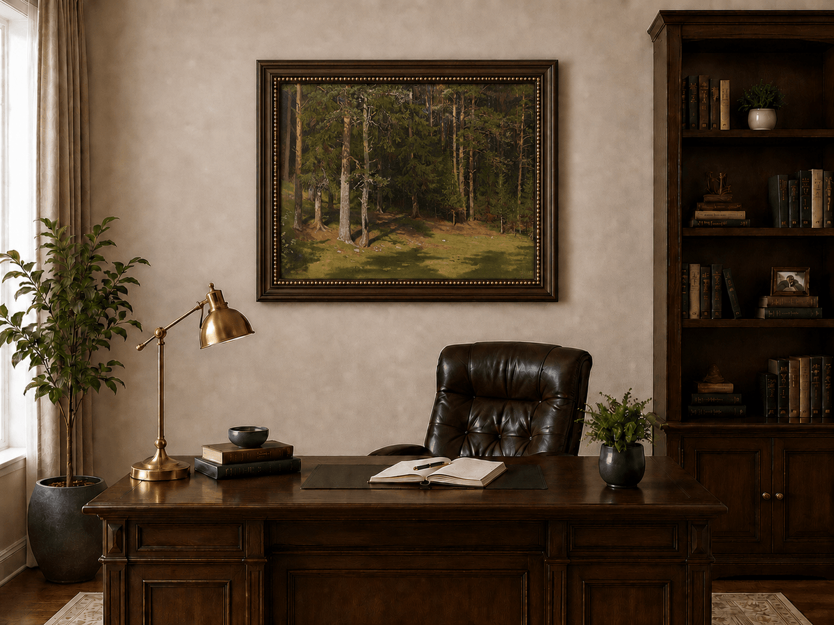 Framed hand-painted sunlit forest glade oil painting with a peaceful woodland clearing displayed above a traditional home office desk.