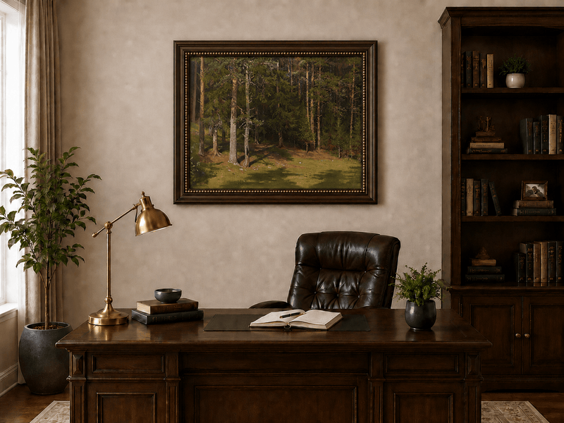 Framed hand-painted sunlit forest glade oil painting with a peaceful woodland clearing displayed above a traditional home office desk.