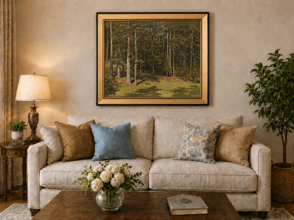 Framed hand-painted sunlit forest glade oil painting with a peaceful woodland clearing displayed above a neutral living room sofa.