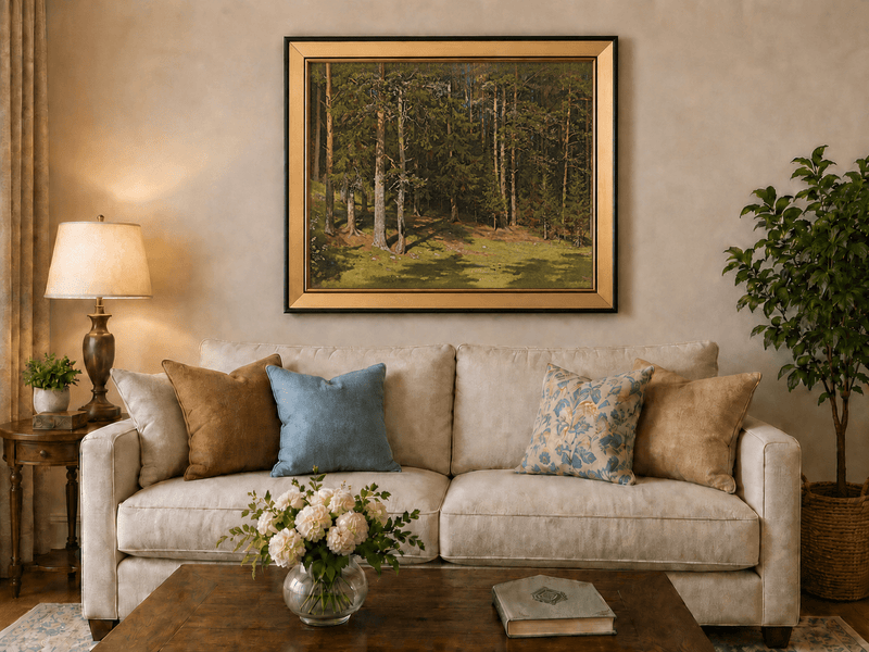 Framed hand-painted sunlit forest glade oil painting with a peaceful woodland clearing displayed above a neutral living room sofa.