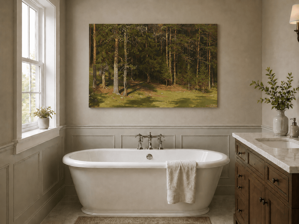 Unframed hand-painted sunlit forest glade oil painting with a peaceful woodland clearing displayed above a freestanding bathtub.