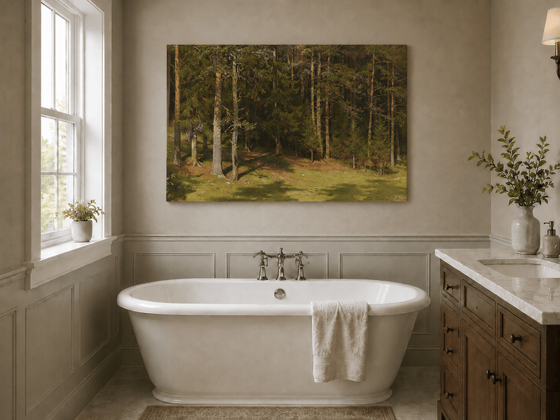 Unframed hand-painted sunlit forest glade oil painting with a peaceful woodland clearing displayed above a freestanding bathtub.