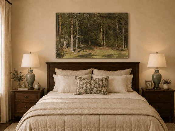 Unframed hand-painted sunlit forest glade oil painting with a peaceful woodland clearing displayed above a wooden bed in a neutral bedroom.