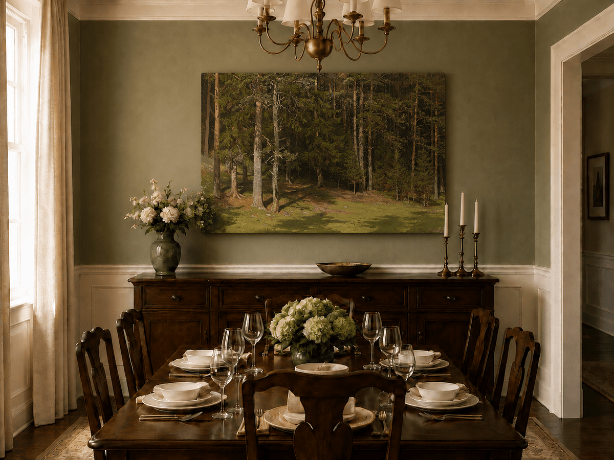 Unframed hand-painted sunlit forest glade oil painting with a peaceful woodland clearing displayed above a formal dining table.