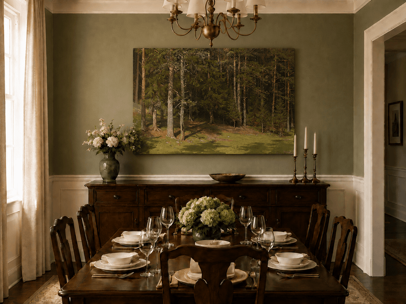 Unframed hand-painted sunlit forest glade oil painting with a peaceful woodland clearing displayed above a formal dining table.