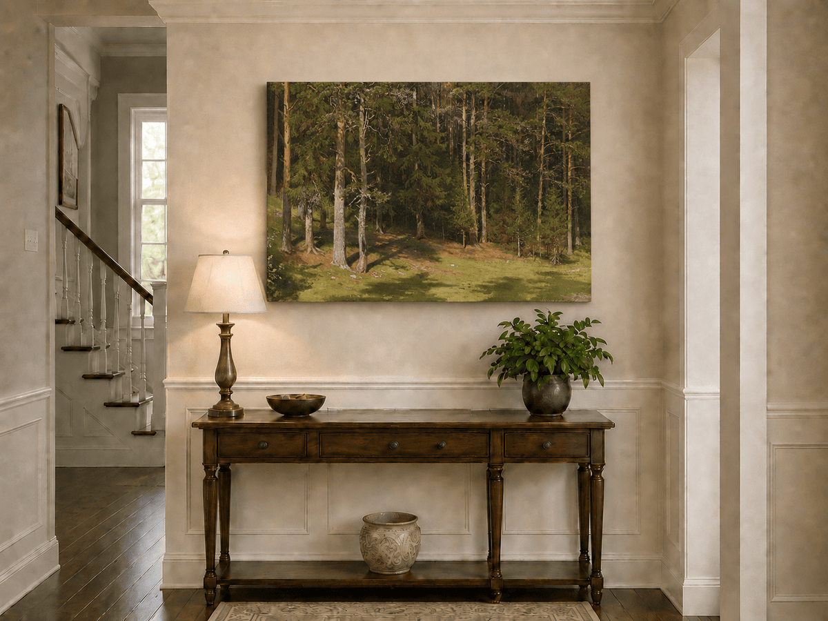 Unframed hand-painted sunlit forest glade oil painting with a peaceful woodland clearing displayed above an entryway console table.