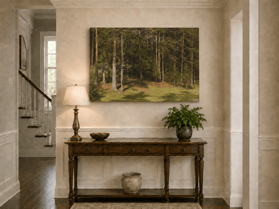 Unframed hand-painted sunlit forest glade oil painting with a peaceful woodland clearing displayed above an entryway console table.