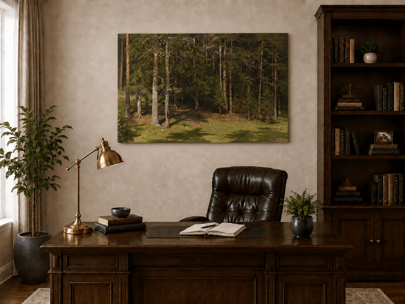 Unframed hand-painted sunlit forest glade oil painting with a peaceful woodland clearing displayed above a traditional home office desk.