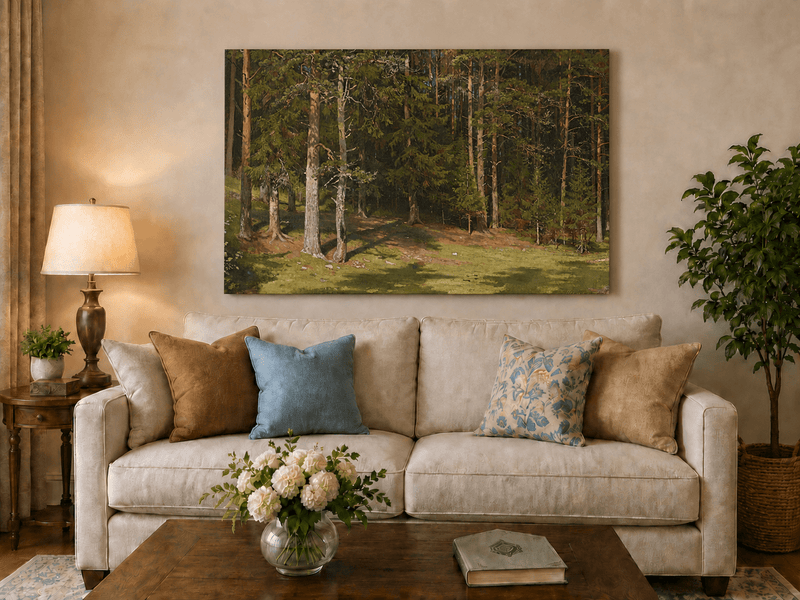 Unframed hand-painted sunlit forest glade oil painting with a peaceful woodland clearing displayed above a neutral living room sofa.