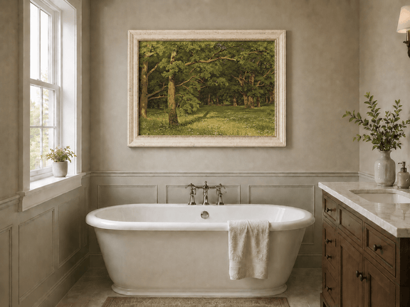 Framed hand-painted sunlit forest glade oil painting with colorful wildflowers displayed above a freestanding bathtub.