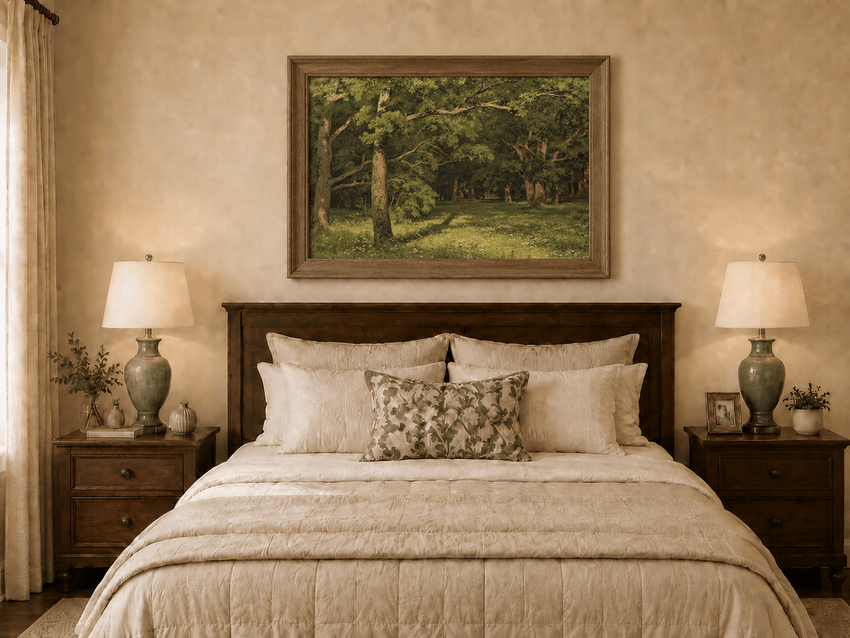 Framed hand-painted sunlit forest glade oil painting with colorful wildflowers displayed above a wooden bed in a neutral bedroom.