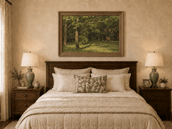 Framed hand-painted sunlit forest glade oil painting with colorful wildflowers displayed above a wooden bed in a neutral bedroom.