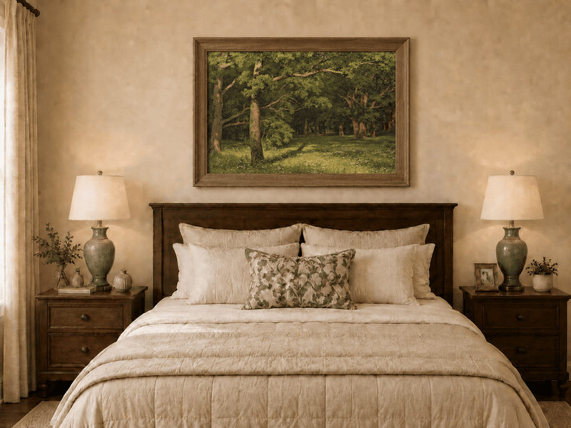 Framed hand-painted sunlit forest glade oil painting with colorful wildflowers displayed above a wooden bed in a neutral bedroom.