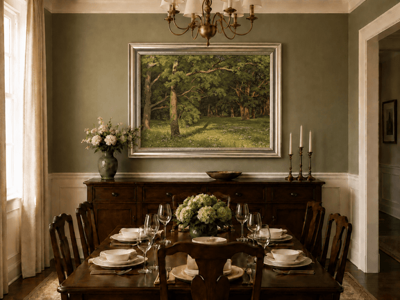 Framed hand-painted sunlit forest glade oil painting with colorful wildflowers displayed above a formal dining table.