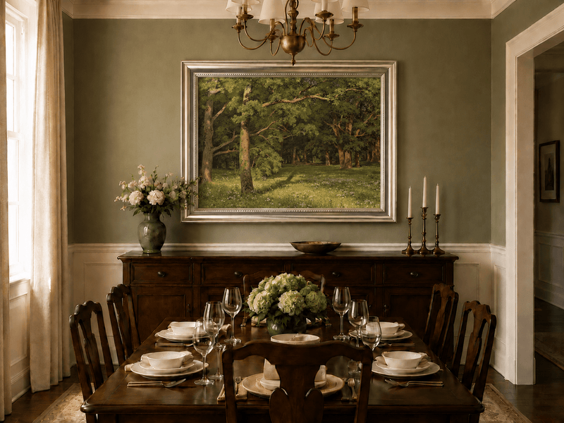 Framed hand-painted sunlit forest glade oil painting with colorful wildflowers displayed above a formal dining table.