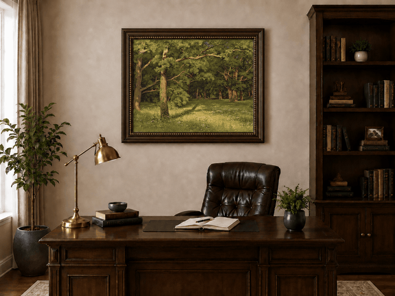 Framed hand-painted sunlit forest glade oil painting with colorful wildflowers displayed above a traditional home office desk.