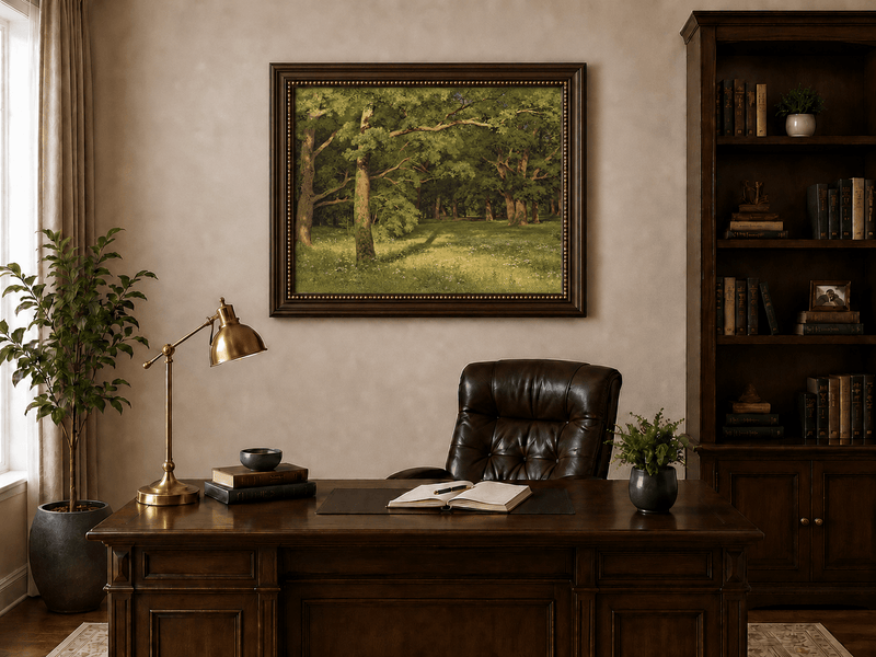 Framed hand-painted sunlit forest glade oil painting with colorful wildflowers displayed above a traditional home office desk.