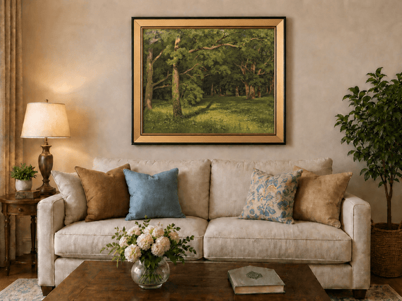 Framed hand-painted sunlit forest glade oil painting with colorful wildflowers displayed above a neutral living room sofa.