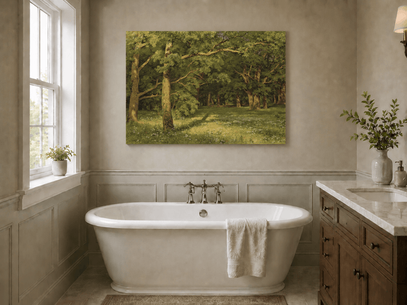 Unframed hand-painted sunlit forest glade oil painting with colorful wildflowers displayed above a freestanding bathtub.