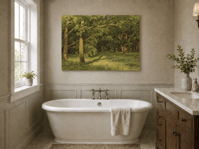 Unframed hand-painted sunlit forest glade oil painting with colorful wildflowers displayed above a freestanding bathtub.