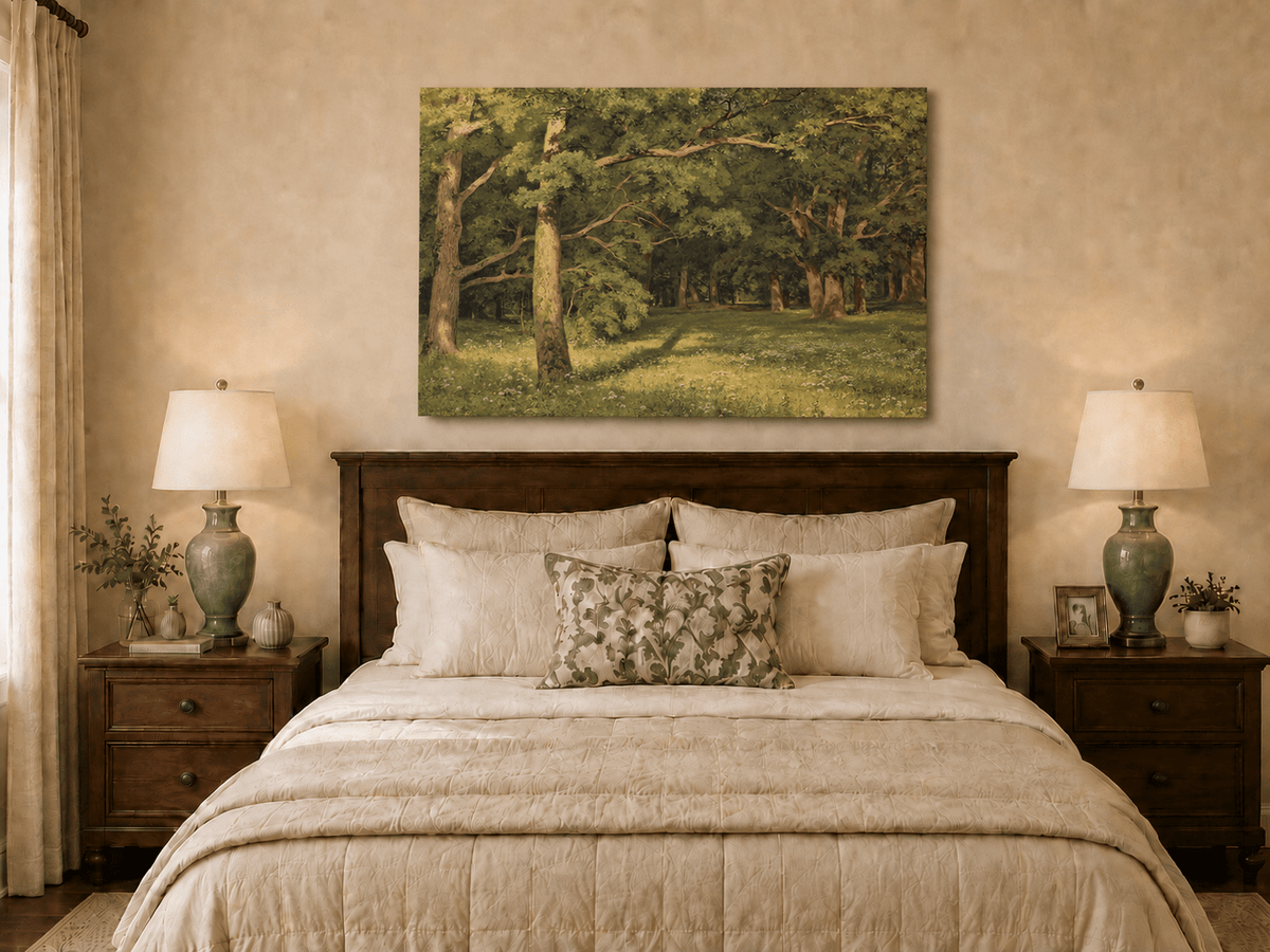 Unframed hand-painted sunlit forest glade oil painting with colorful wildflowers displayed above a wooden bed in a neutral bedroom.