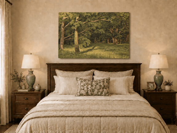 Unframed hand-painted sunlit forest glade oil painting with colorful wildflowers displayed above a wooden bed in a neutral bedroom.