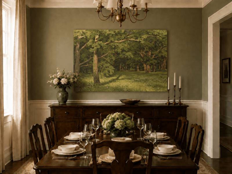 Unframed hand-painted sunlit forest glade oil painting with colorful wildflowers displayed above a formal dining table.