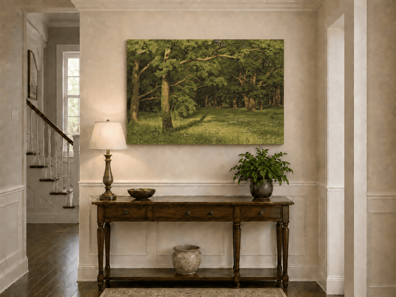 Unframed hand-painted sunlit forest glade oil painting with colorful wildflowers displayed above an entryway console table.