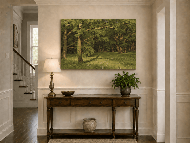 Unframed hand-painted sunlit forest glade oil painting with colorful wildflowers displayed above an entryway console table.