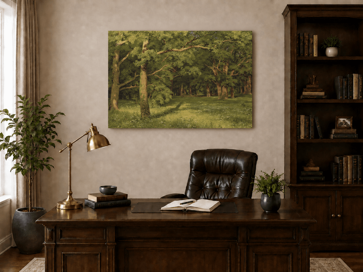Unframed hand-painted sunlit forest glade oil painting with colorful wildflowers displayed above a traditional home office desk.
