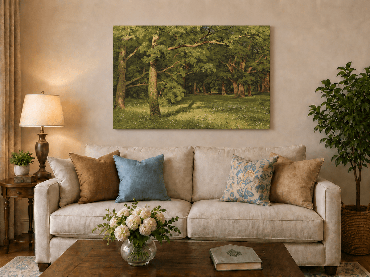 Unframed hand-painted sunlit forest glade oil painting with colorful wildflowers displayed above a neutral living room sofa.