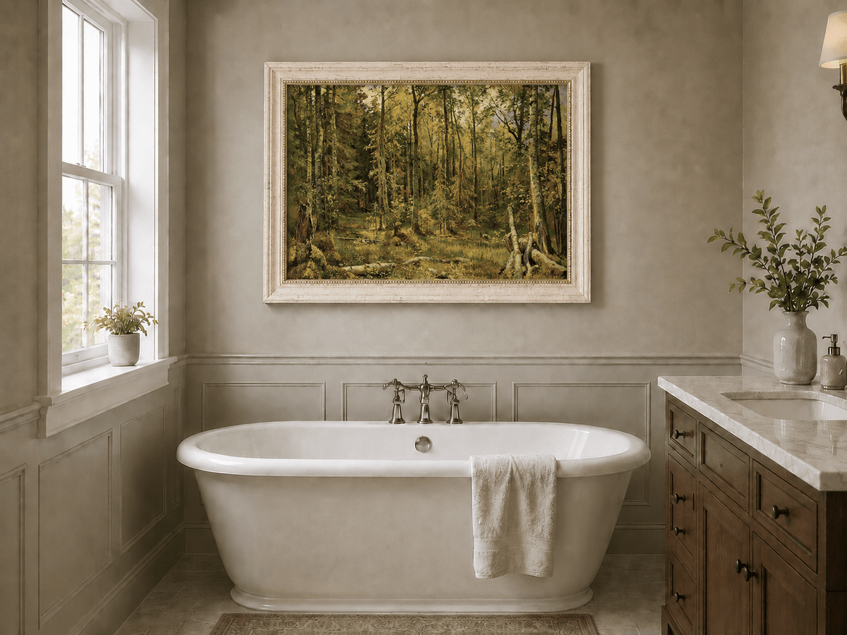 Framed hand-painted sunlit forest interior oil painting with fallen trees and dense foliage displayed above a freestanding bathtub.